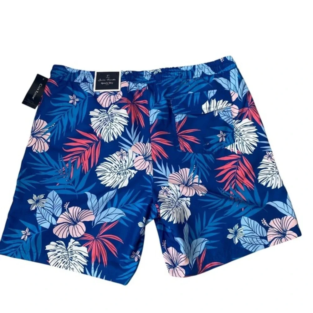 Club Room Men Swim Trunks Beach Shorts Size L Blue Pink Tropical Floral Pool NWT